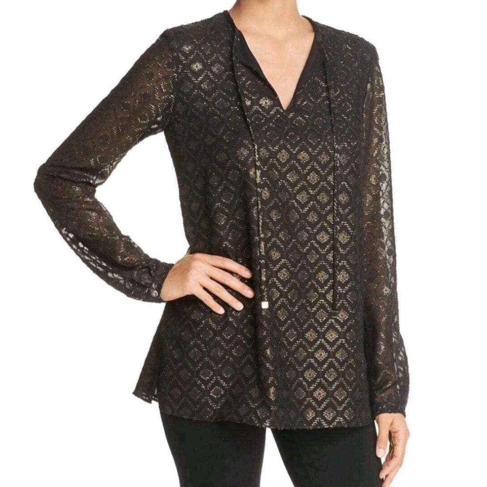 Lafayette 148 New York Eli Metallic Jacquard Long Sleeve Blouse Shirt Size Large